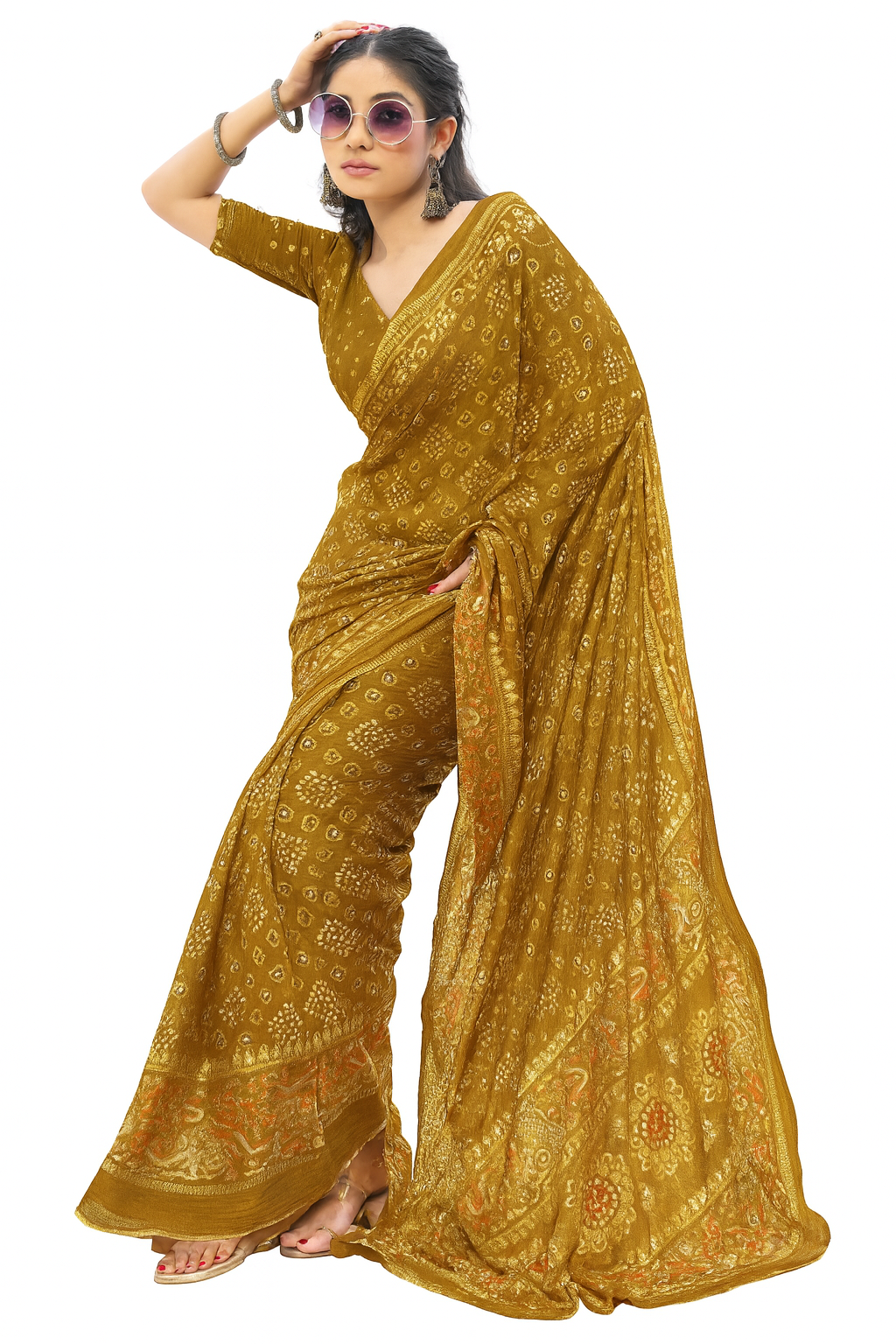 Mustard Bandhani Saree